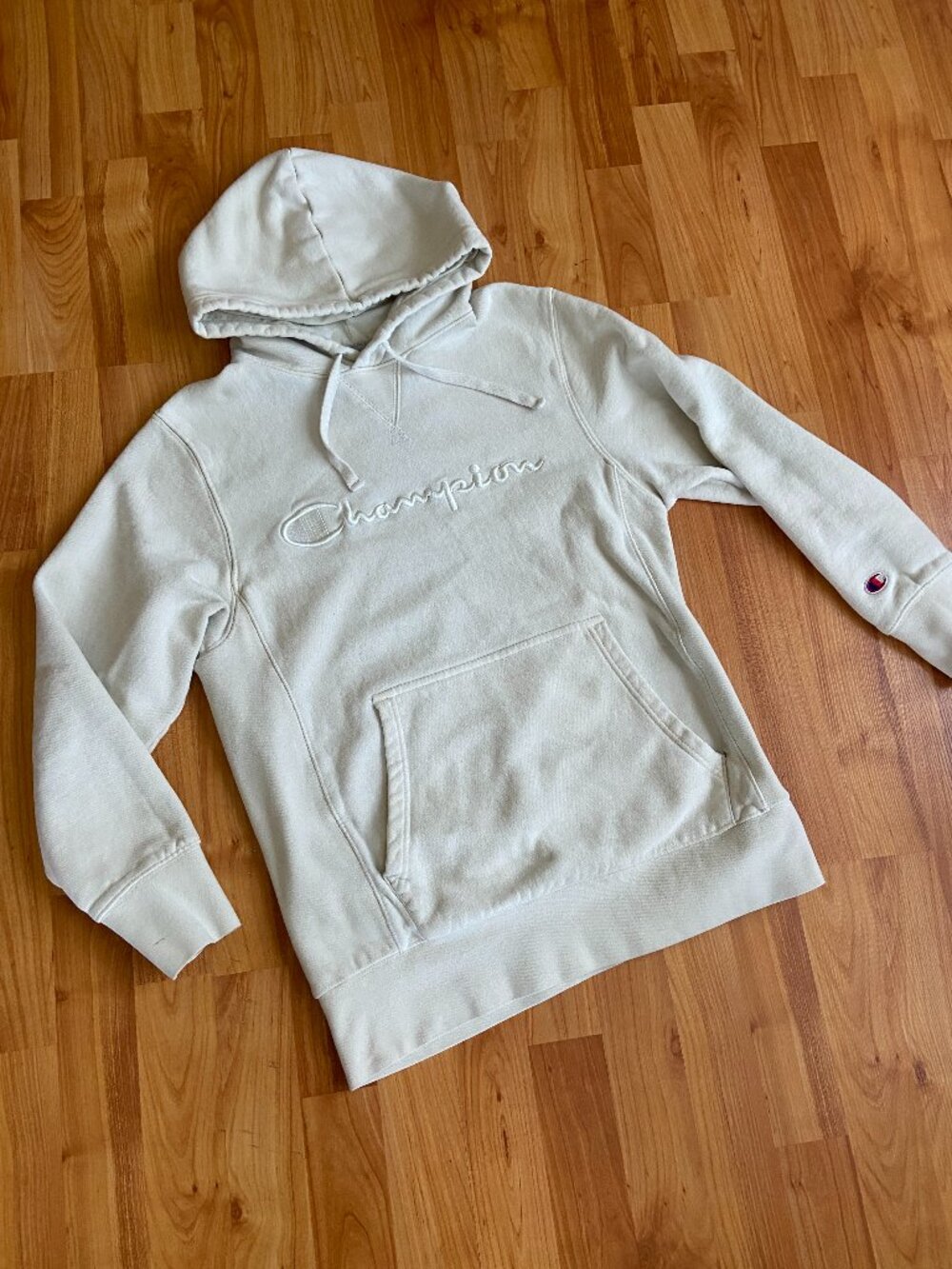 Champion Powerblend Hoodie, Full script logo cream beige adult small